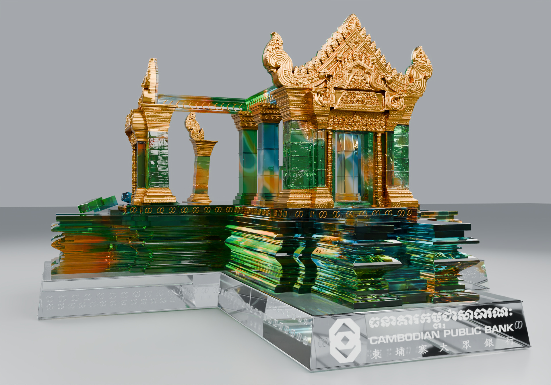 Preah Vihear-inspired gift concept with transparent liuli and gold-coloured relief panels