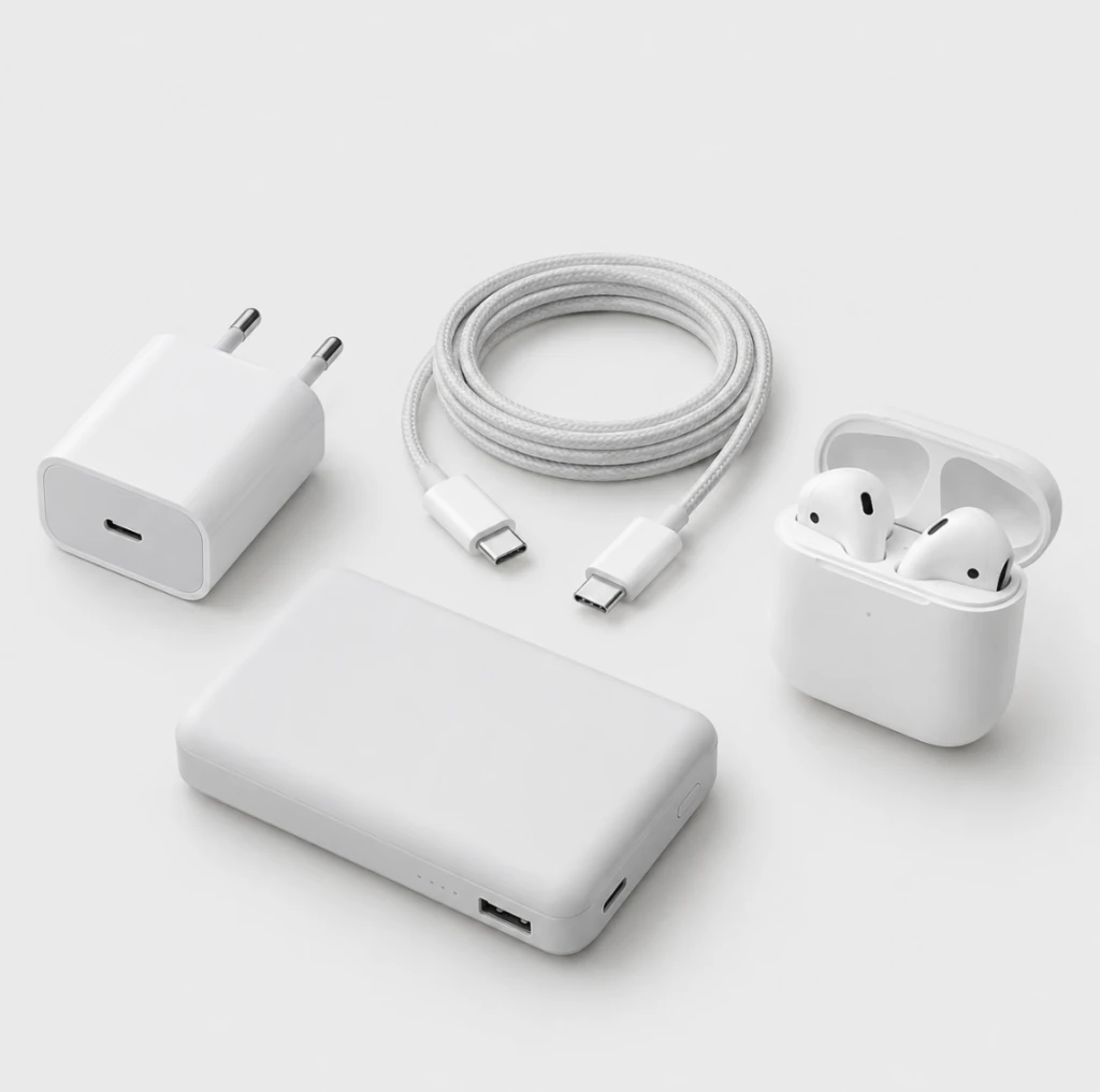 USB-C charger, charging cable, wireless earbuds and power bank