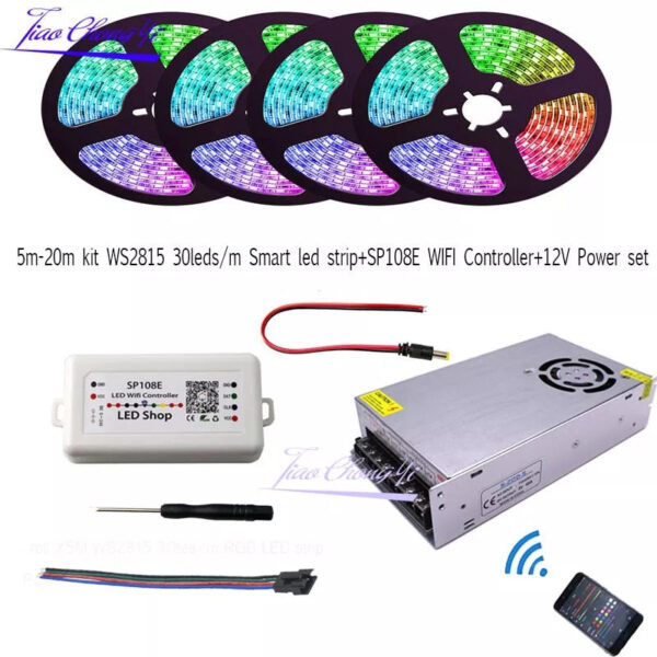 5m-20m-kit-WS2815-30leds-m-RGB-Dream-Full-Color-Smart-Addressable-Pixel-LED-strip-SP108E.jpg_dc201e6c-00df-487f-9c11-390eaa2143d4.jpg Smart Wifi Multi Color Smart LED Strip with controller and power adapter, 5M set